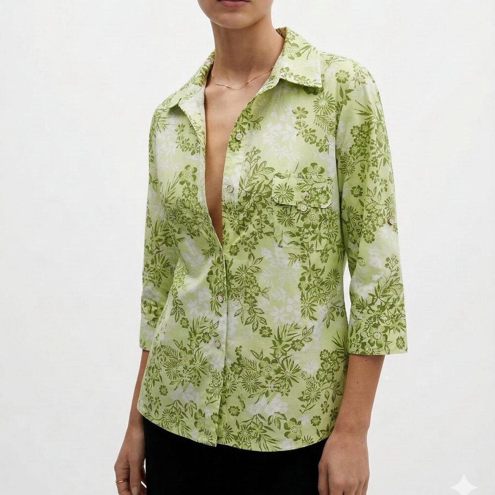 Karen Scott Blouse Green Floral Roll Tab Casual Boho S